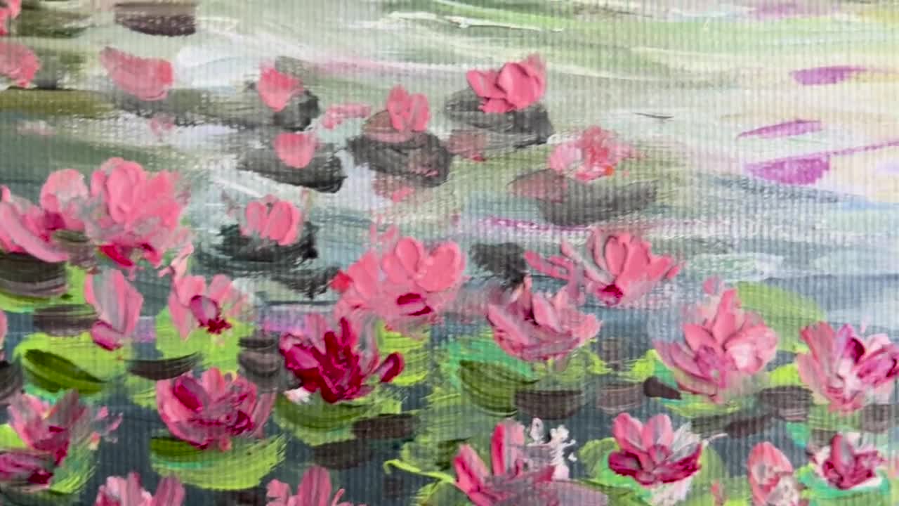 油絵 キャンバス画 蓮の花と風景 アート作品 蓮の油絵 キャンバスアート 印象派の絵画 花の風景画 オリジナル絵画