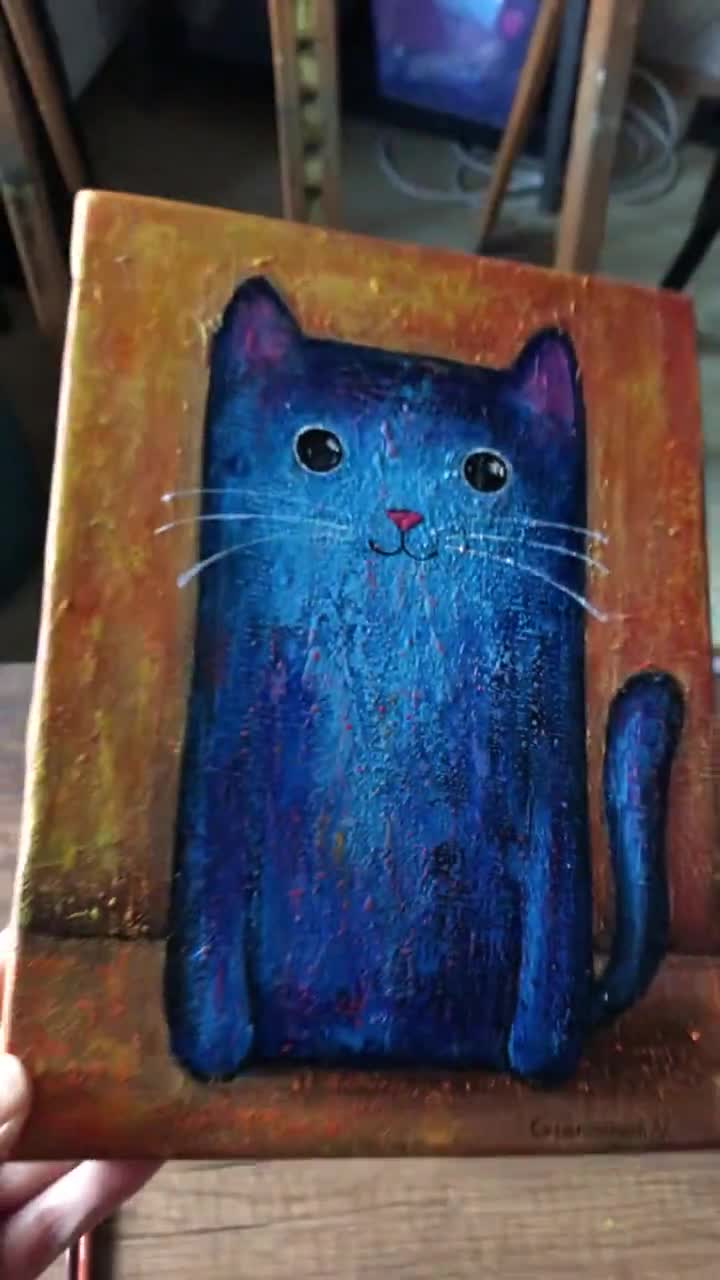 オリジナル黒猫絵画、抽象的な青いアクリルキャンバスアート、子供部屋