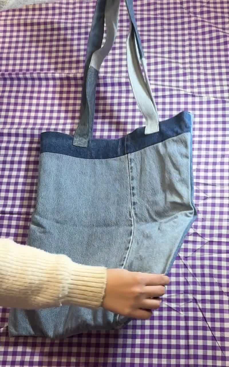 デニムトートバッグ ハンドメイド リバーシブル 幅16インチ 長さ18.5