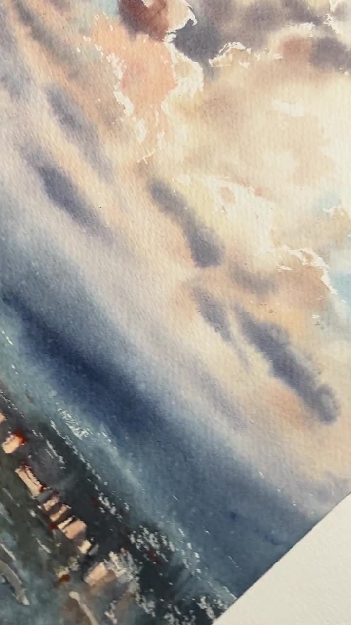 雲の下の街の絵画オリジナル、雨の街並み、水彩画、地平線の壁アート