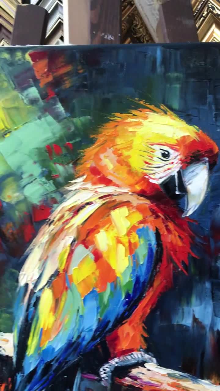 キャンバスに描かれたオウムの絵画 小鳥の油絵 オリジナルのオウムの壁