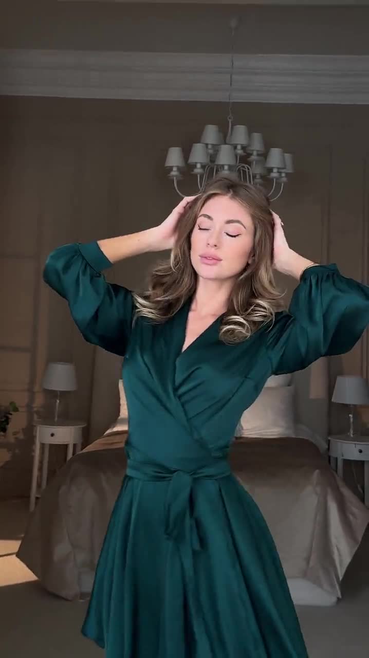 Emerald Green Silk Wrap Mini Dress with bracelet sleeves for prom and bachelorette party