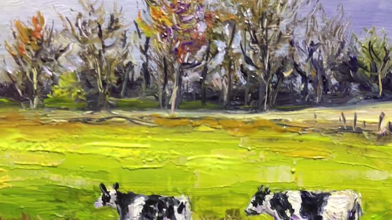 オリジナル油絵 田舎の風景画 野原の農場 牛のいる田園風景 緑の牧草地