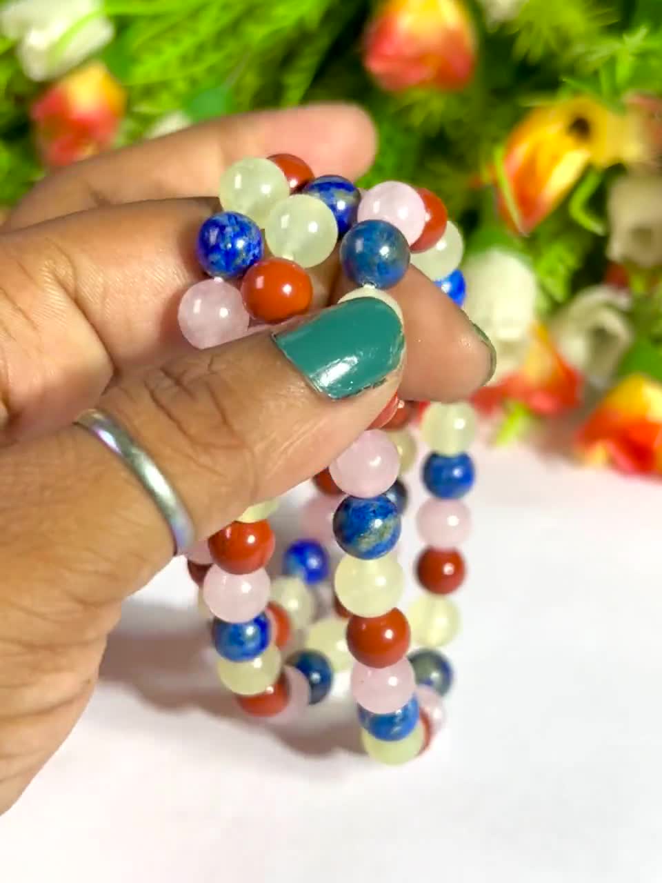 Taurus Zodiac Stone Bracelet: Red Jasper, Jade, Lapis, Rose Quartz