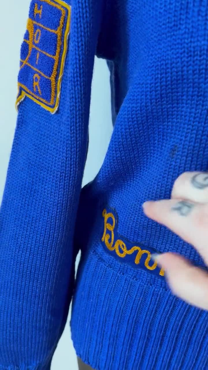 Vintage 1960s Nelson Knitting Mills Blue Varsity Sweater Blue Knit