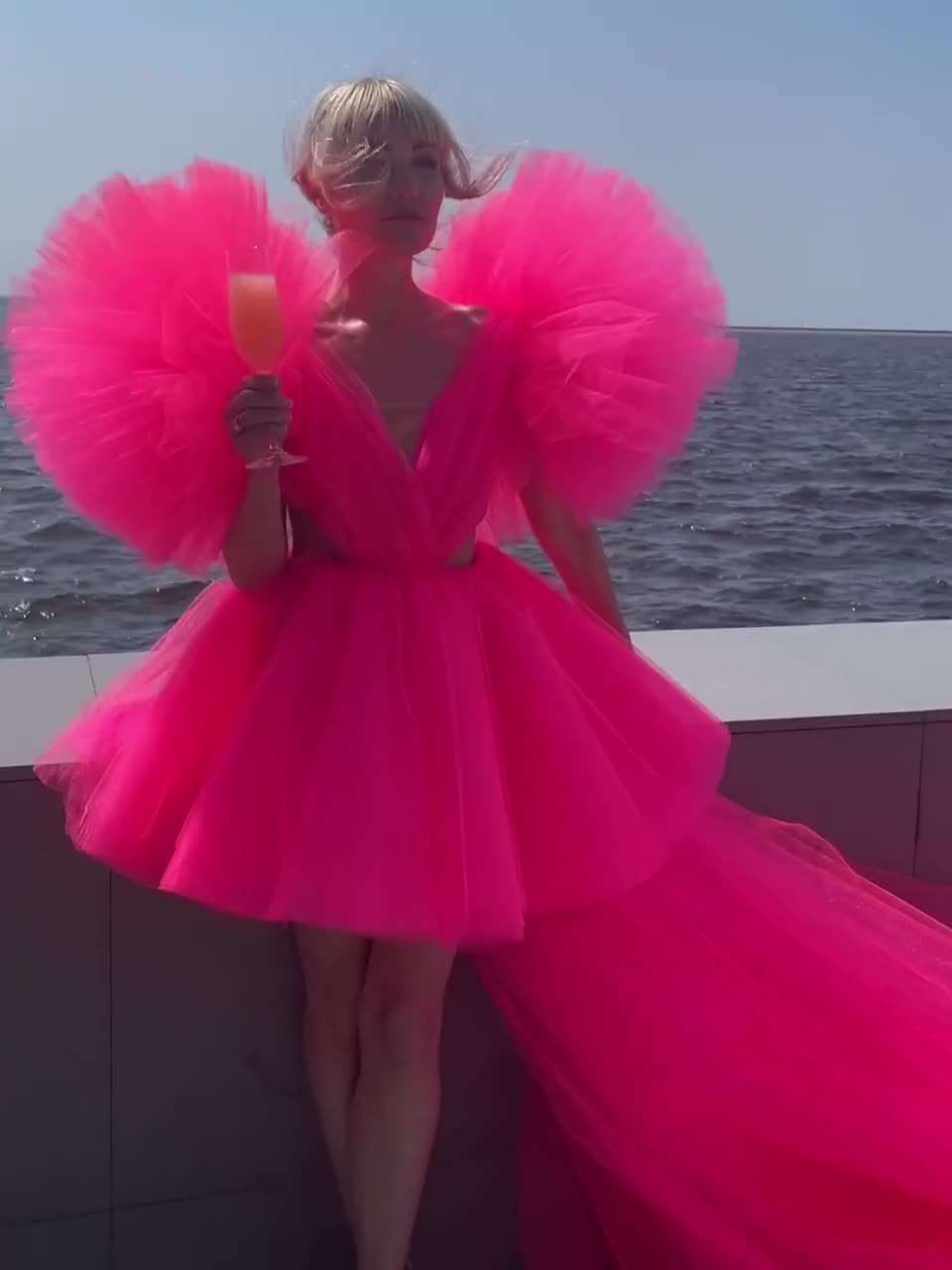 hot pink poofy prom dress Fluffy with a train,neon dress,Puffy dress with pom-poms,Layered dress with detachable train,Short corset dress,Bright long dress hot pink formal dresses long