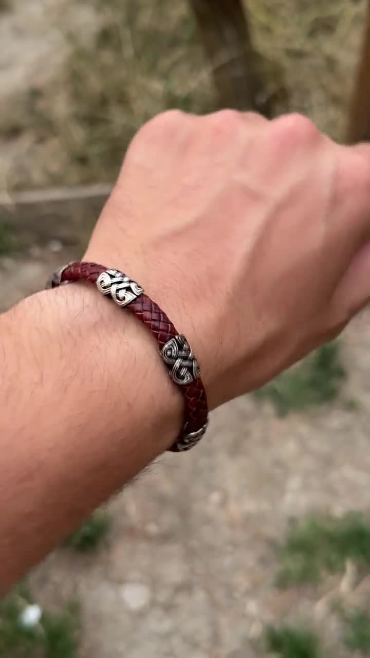 Silver Red Leather Vintage Bracelet , Men Leather Unique