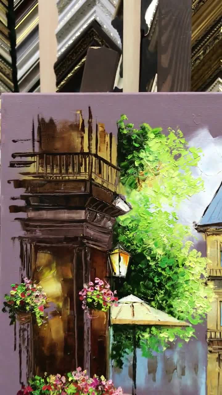 キャンバスに描かれたパリの街並みの油絵、フランスのカフェの油絵