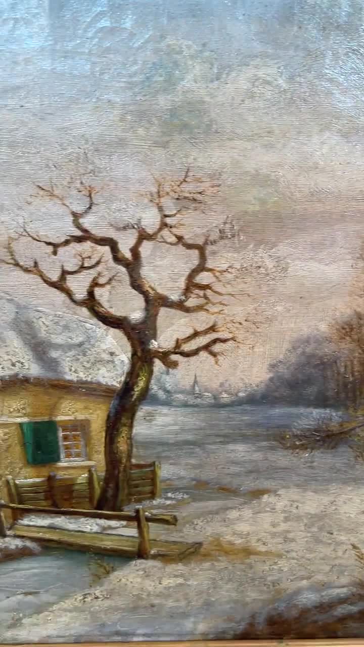 アンティークのフランス風景油絵、冬の雪景色とコテージの習作 - Etsy 日本