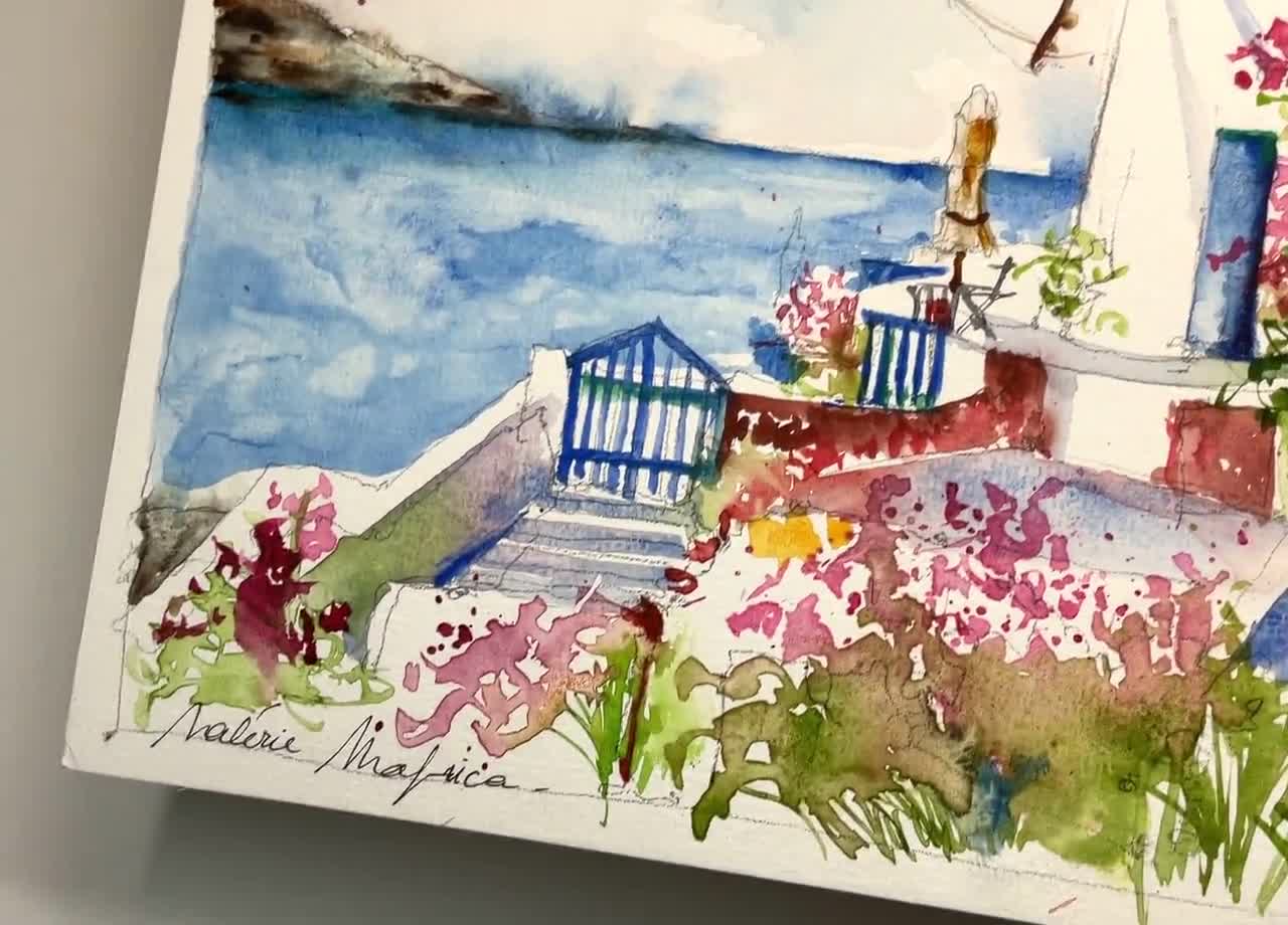 新品超特大62cmギリシャ手描きのエーゲ海の風景、ワイン、果物が美しい魚型大皿 ギリシャのサントリーニ島の風車の絵、エーゲ海のギリシャのキクラデス