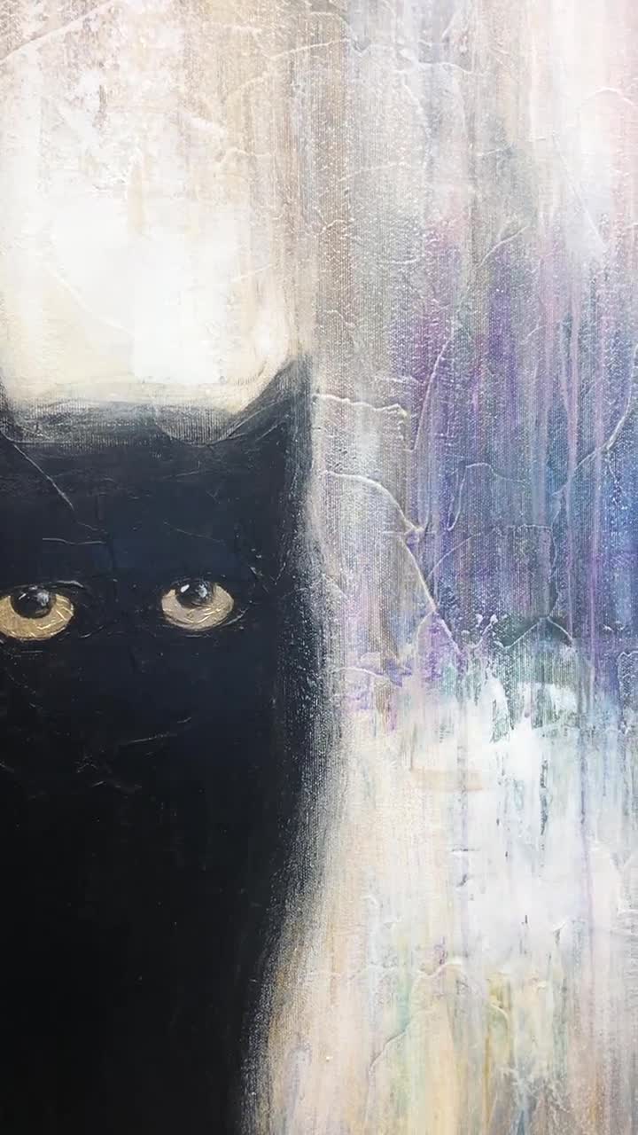 黒猫の油絵：キャンバスに描かれた抽象的な動物アート - Etsy 日本
