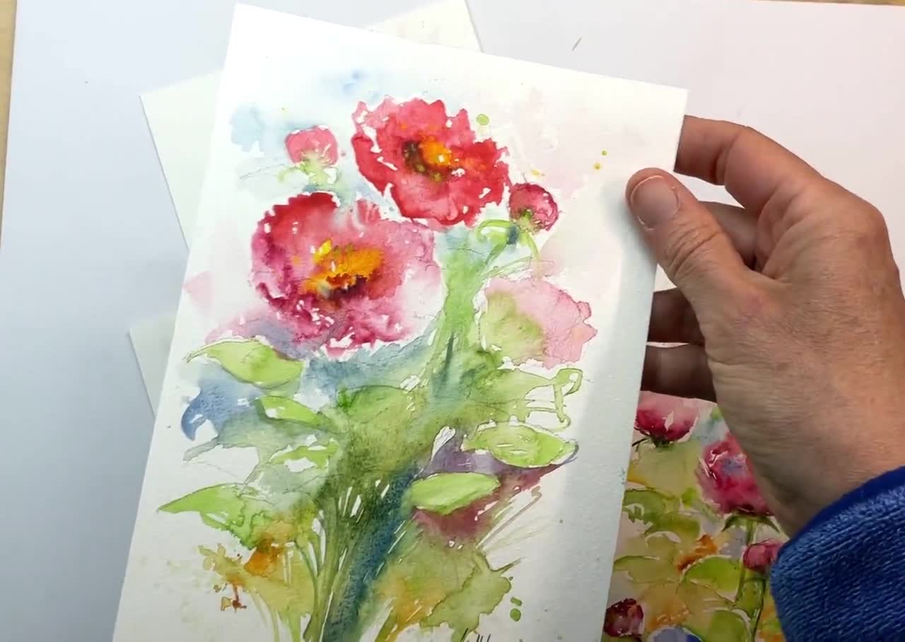 ピンクの牡丹と庭の花のオリジナル水彩画、色とりどりの花のオリジナル