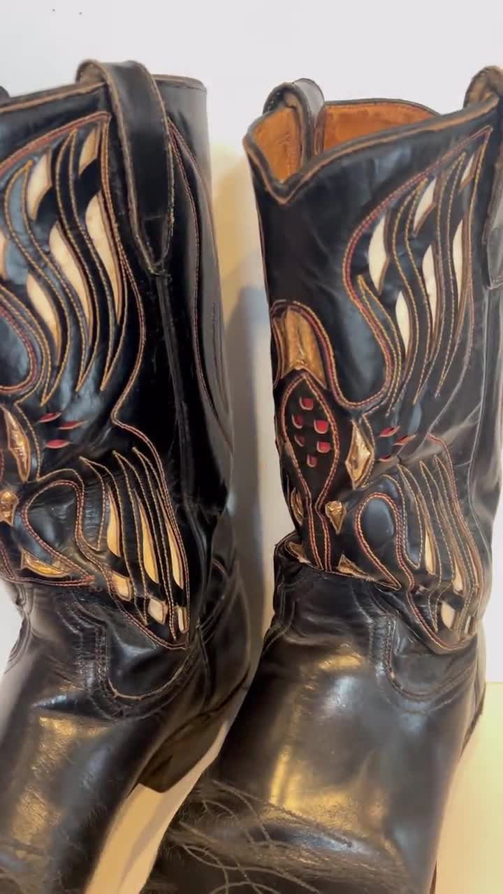 Vintage 50s ACME Thunderbird Cowboy Boots: Black Leather Inlay