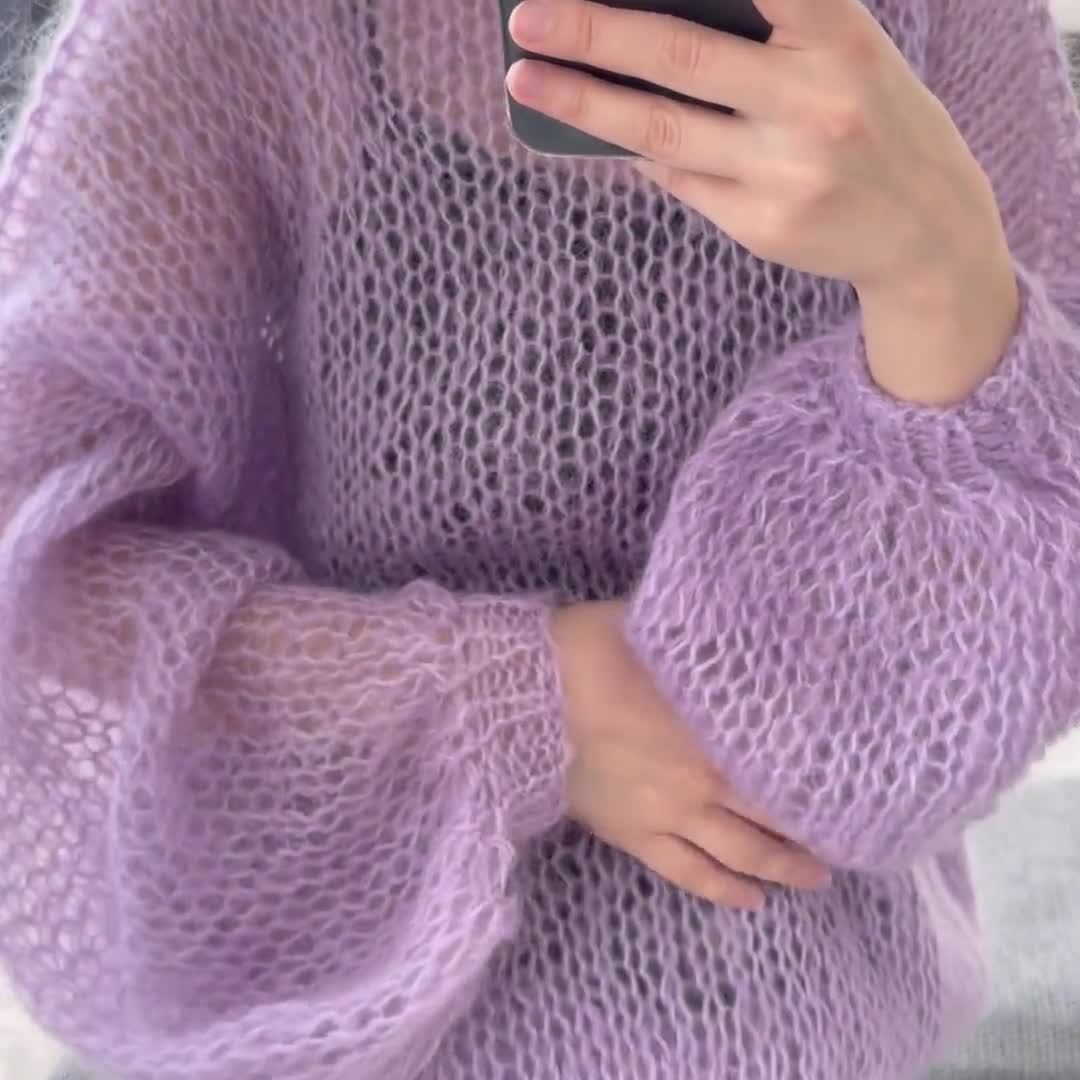 Handmade Lavender Mohair Sweater • Loose Knit off Shoulder