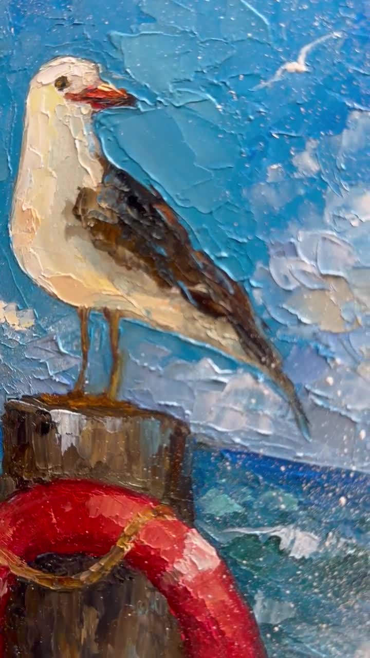 カモメの絵画：オリジナルのインパスト海景画、8x8 - Etsy 日本
