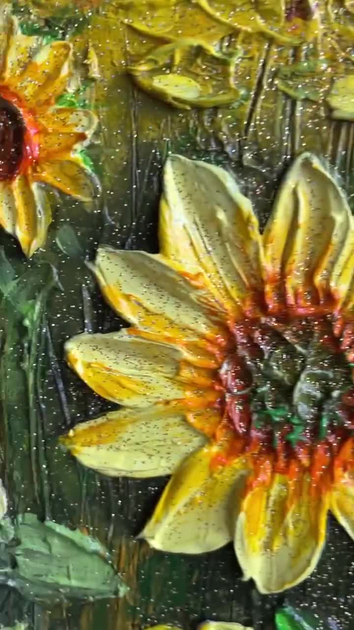 ひまわり畑のテクスチャアクリル画：3Dインパストサンセットアート