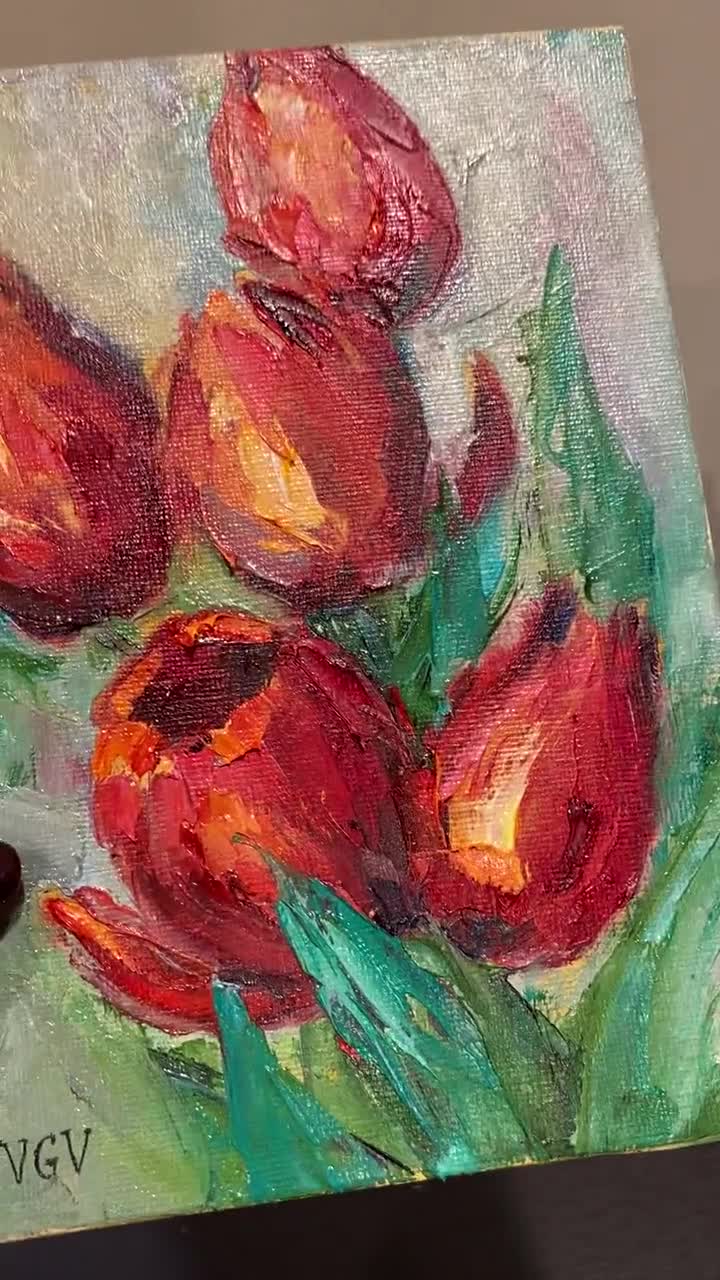 赤いチューリップの油絵オリジナル絵画、厚塗りの小さなアートワーク