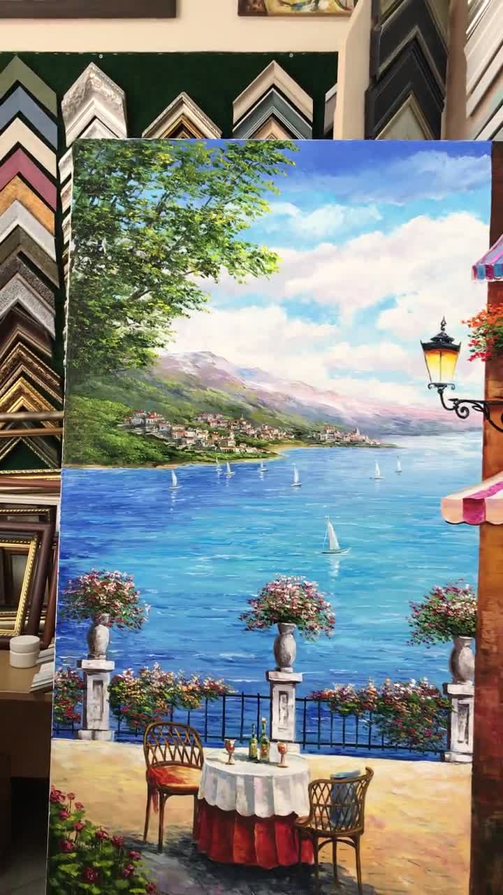 イタリアのカフェのキャンバス画、イタリアのレストランの絵画、地中海