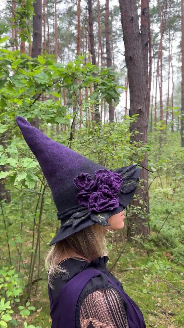 ゴシック魔女帽子、花柄フェルト製紫魔女帽子、ハロウィン用