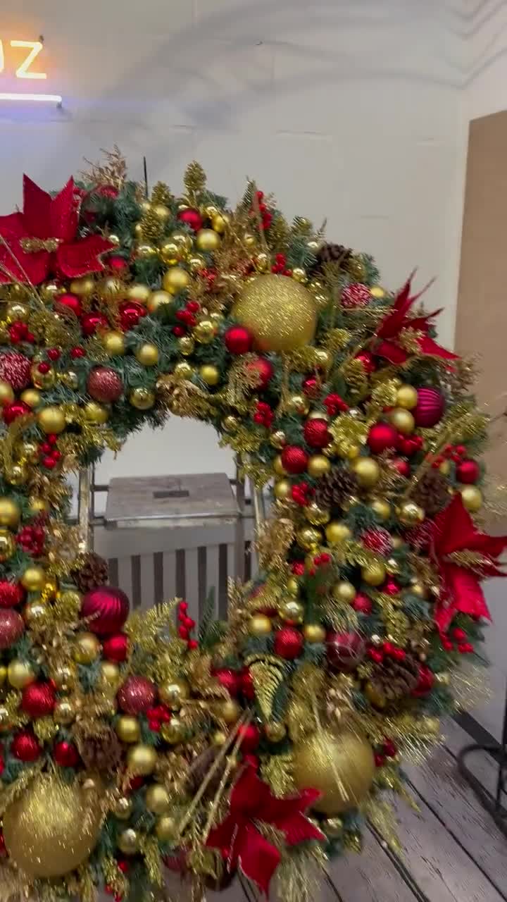 XL GIANT Christmas Wreath, Gold and Red Christmas Wreath, Large