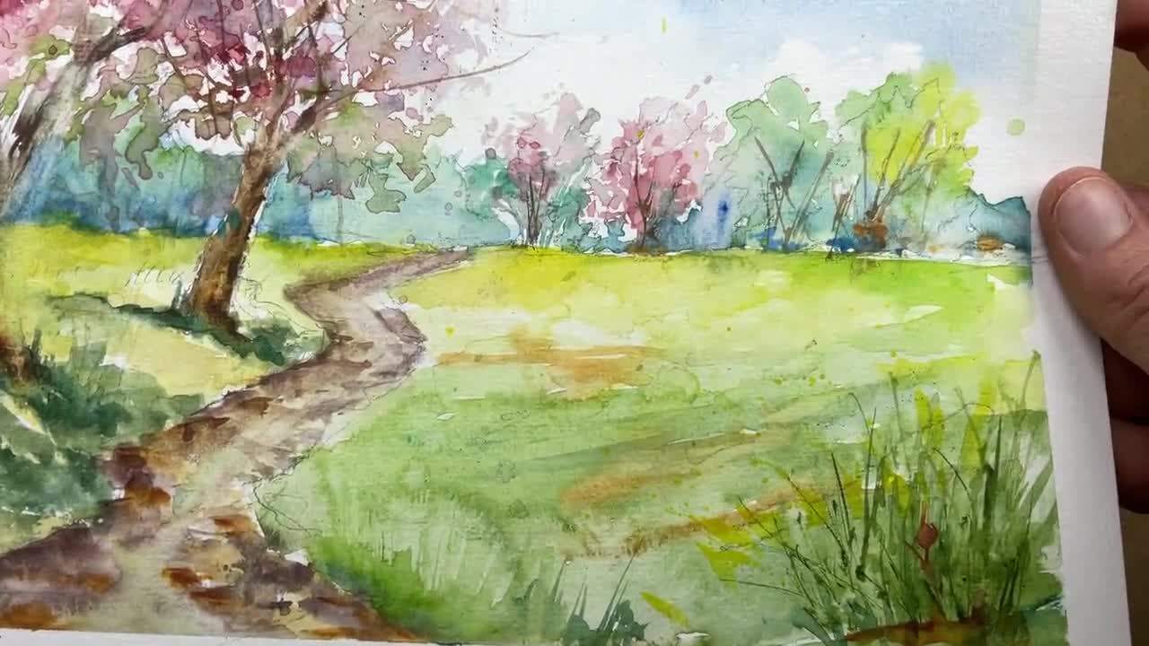 ピンクのリンゴの花の水彩画、春の自然の風景、春に花が咲く果樹園の