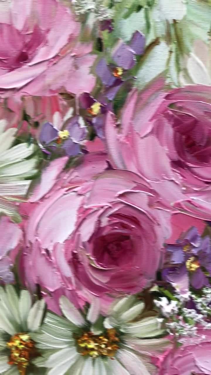 キャンバスに描かれた花束の油絵、静物画（花柄）の壁掛けアート
