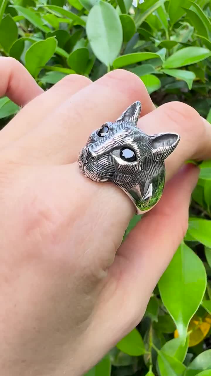 猫の指輪 スターリングシルバー 925 ブラックオニキスの目 巨大な猫の