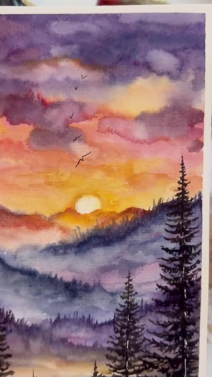 ブルーリッジ山脈の水彩画：スモーキーマウンテンの風景画（8x6