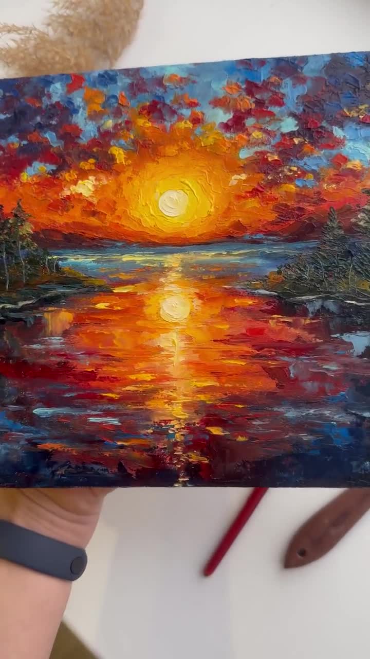ミシガン湖の夕日の油絵：オリジナルのインパスト風景画（8 x 8インチ