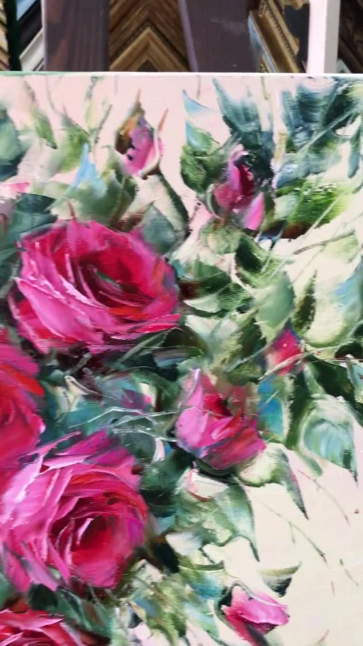 抽象的なバラの油絵オリジナル：大胆な花のアートワーク 24x36、大きな