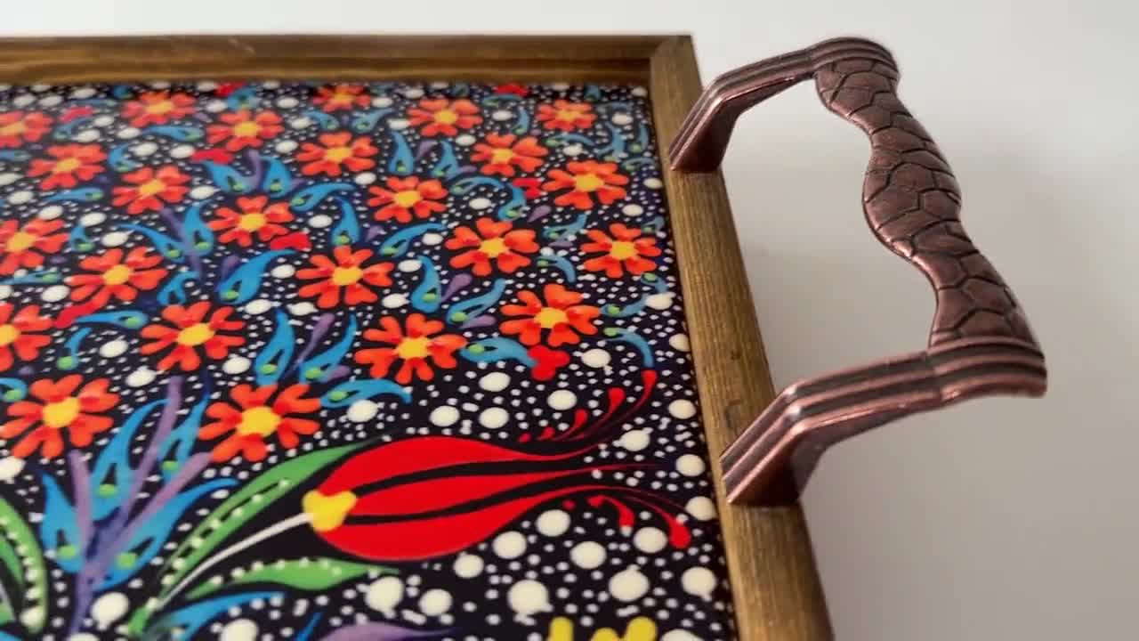 オリエンタル装飾花柄タイルトレイ＆ハンドル、オスマン様式木製