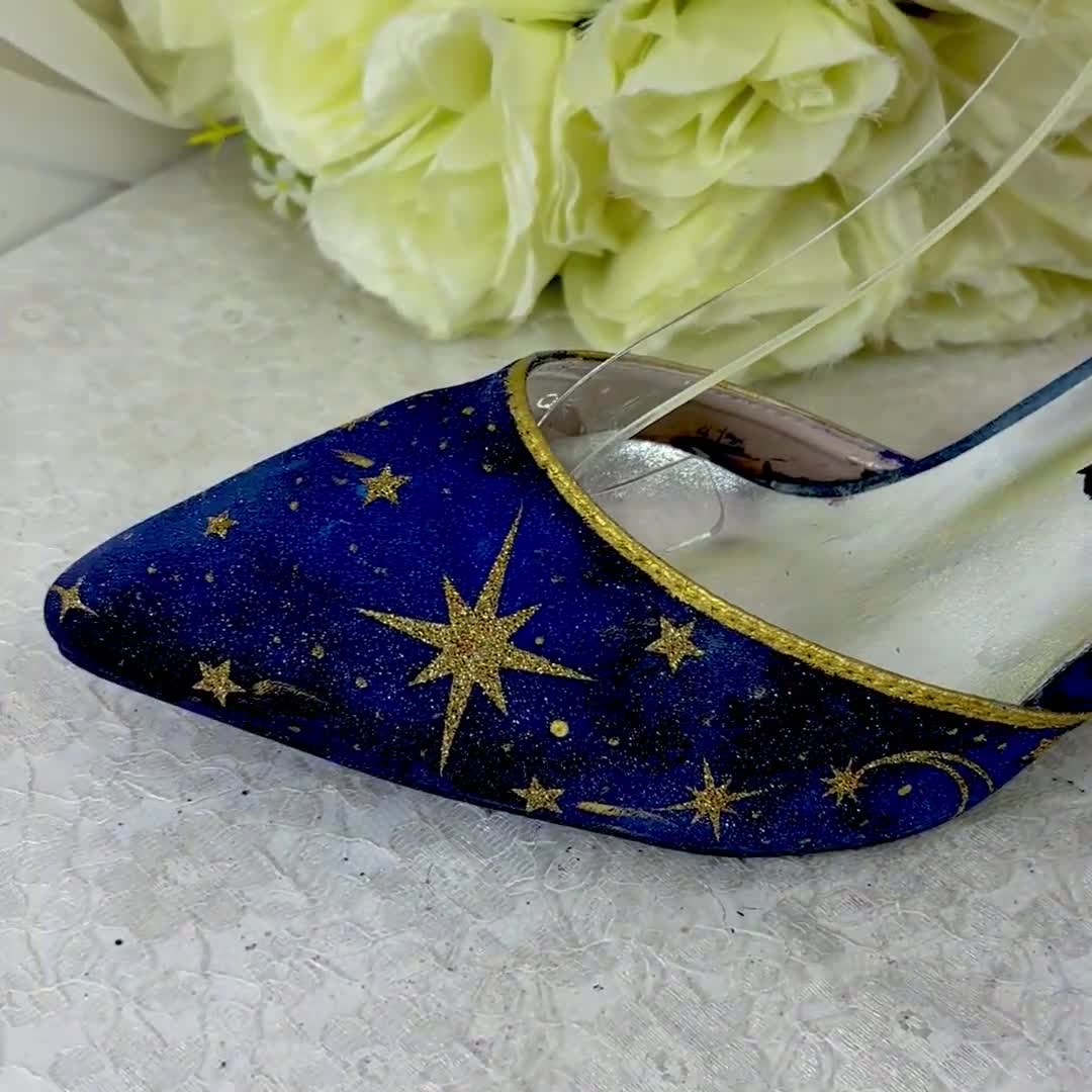 blue and gold dress shoes Satin Celestial Wedding Shoes: Hand-Painted Galaxy Bridal Block Heels You will love how IsFinalSale : 1 Size:S 8 Clothing : Maxi Dresses Loafers