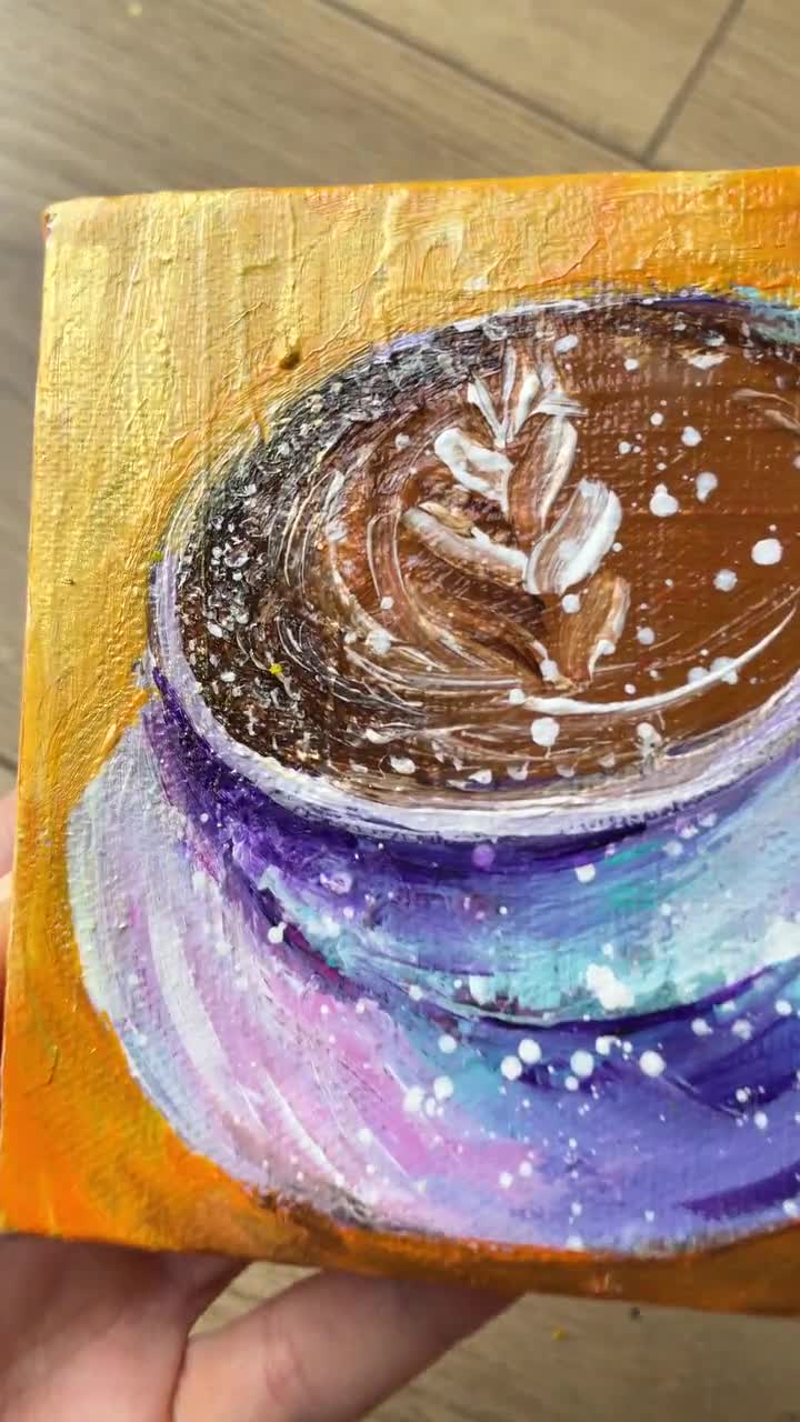 コーヒーカップの絵画、オリジナルアクリル画、カプチーノアート