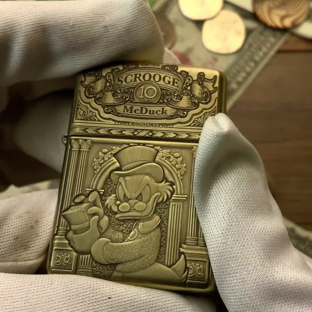 Zippo “scrooge Mcduck” Themed Engraved Brass Armor Cigarette