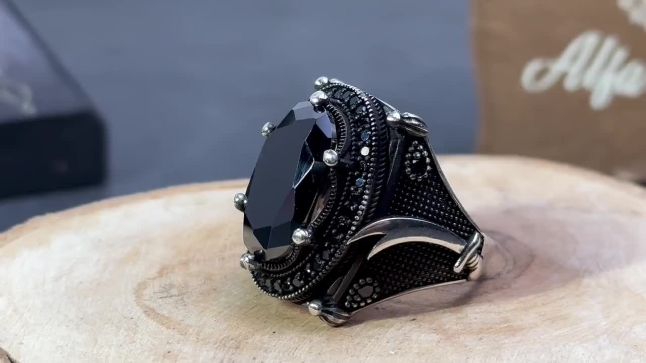 Hazrat Ali Sword Ring, Black Zircon, Sterling Silver (men's Size