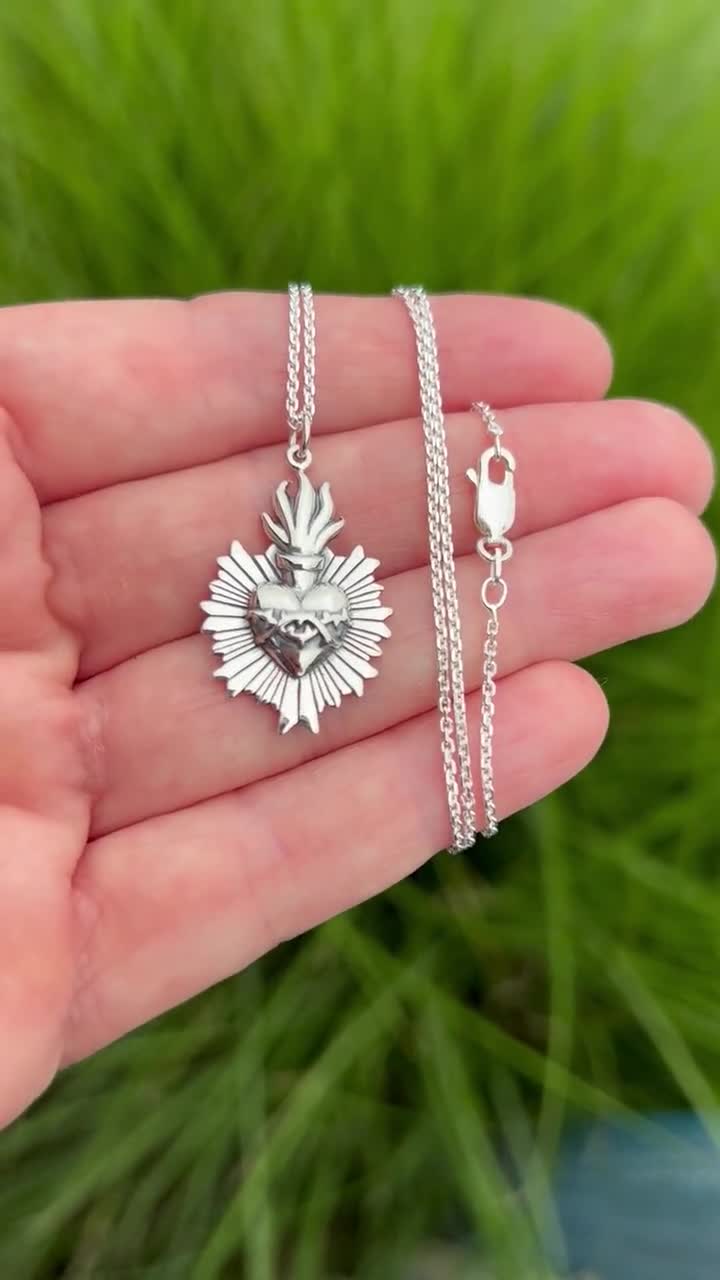 Sterling Silver Sacred Heart Necklace, Catholic Religious Jewelry