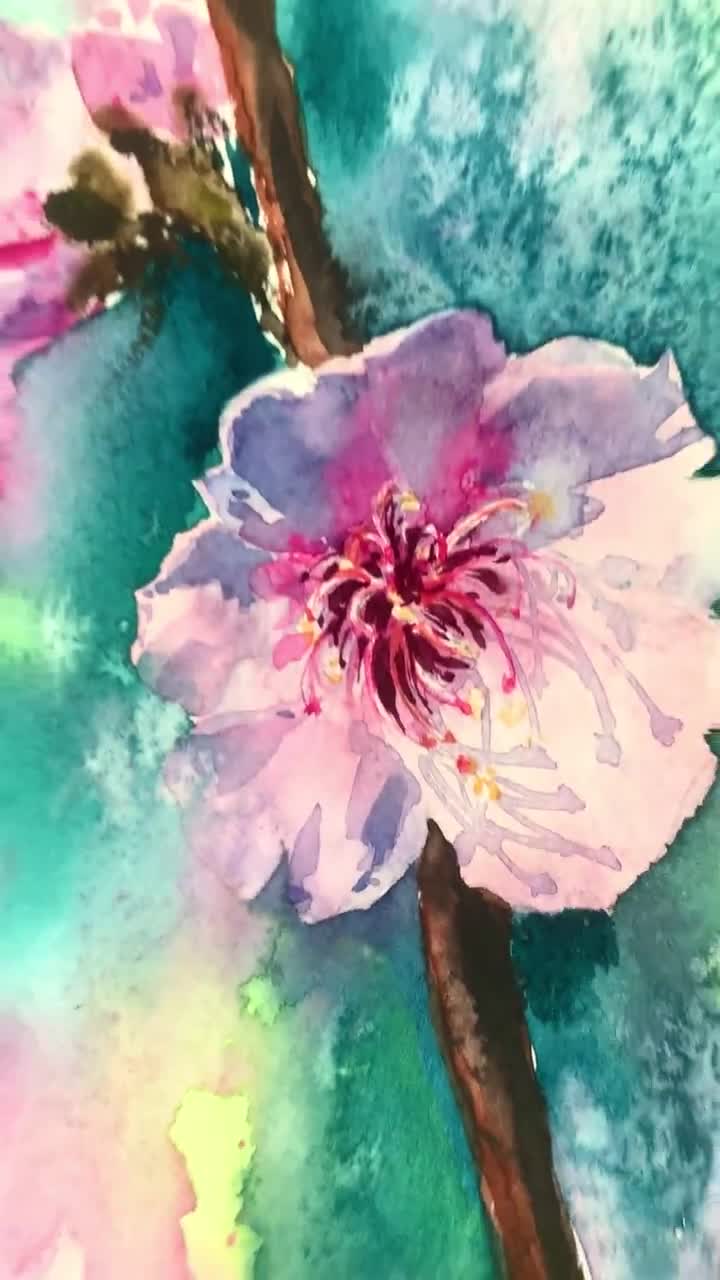 オリジナル水彩画：咲き誇るアーモンドの花 印象派アート - Etsy 日本