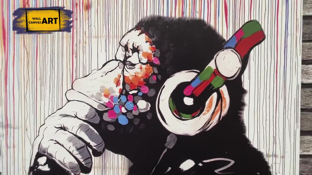 Banksy Monkey Graffiti Canvas Art: Thinking Ape With Headphones - Etsy
