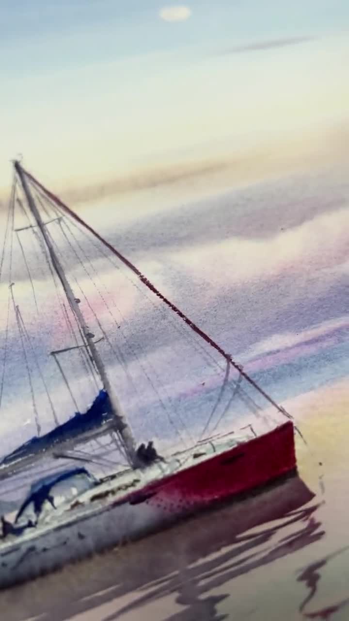 オリジナル水彩画：帆船の海岸風景画（12 x 16インチ） - Etsy 日本