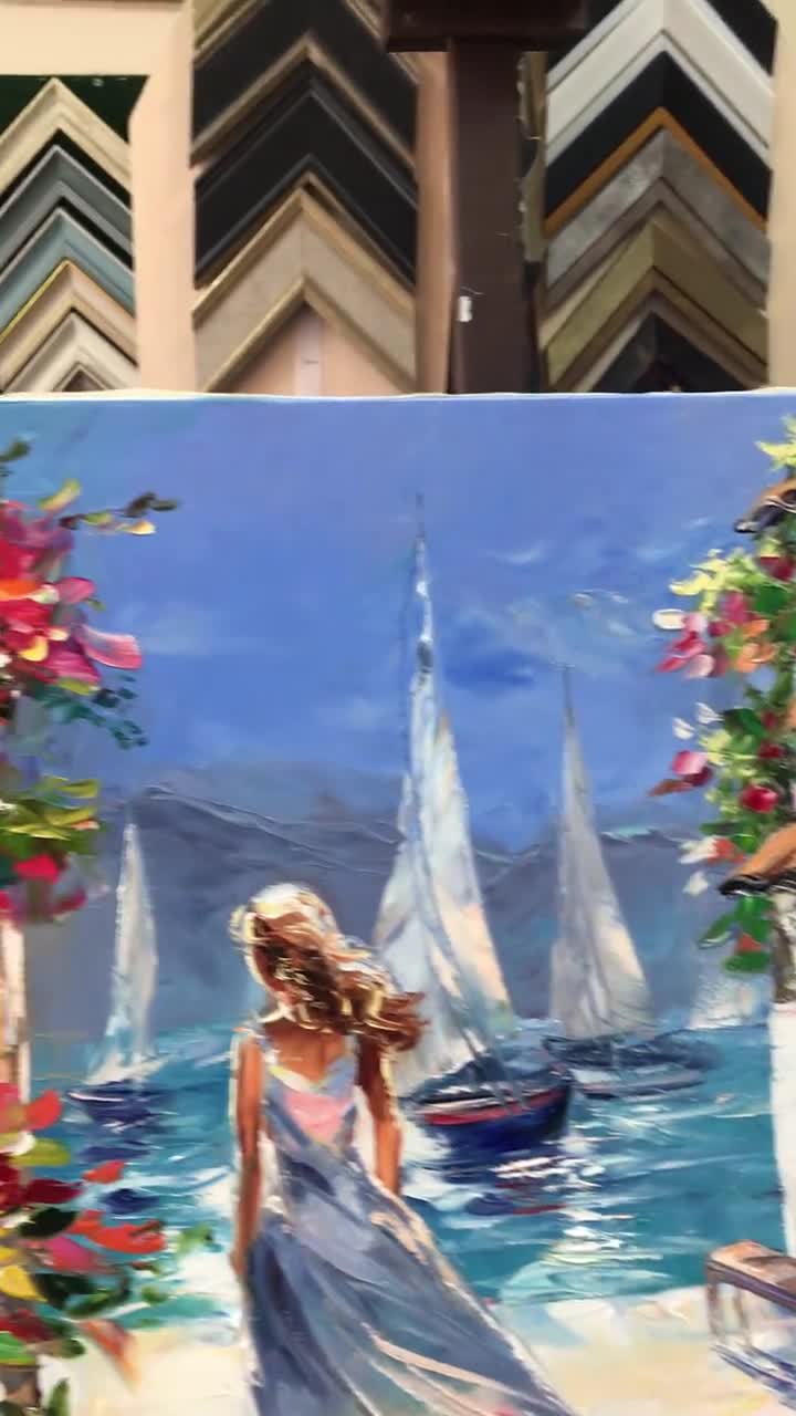 イタリア人女性の風景油絵、ビーチシーンのアートワーク、大きな