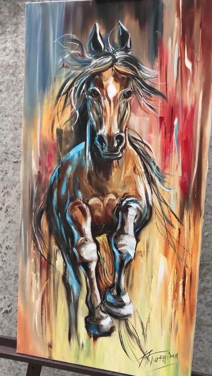 油絵　早春の磯　大平洋黒潮　M 15 大きな抽象的な馬の油絵 オリジナルの疾走する馬のキャンバス壁アート