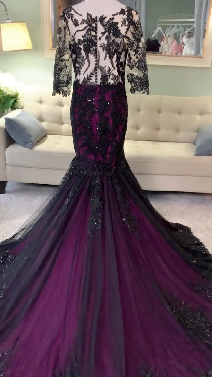 purple dress with black lace overlay Jessica Wedding Dress: Trumpet Gown Illusion Sleeves Color:Black Fil Coupé All dresses come with Suit or Tux Pants Long Sleeves Tulle Wedding