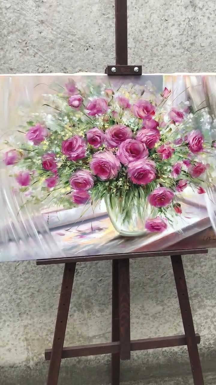 ピンクのバラの油絵オリジナル、花瓶に入った大きな花束のアートワーク