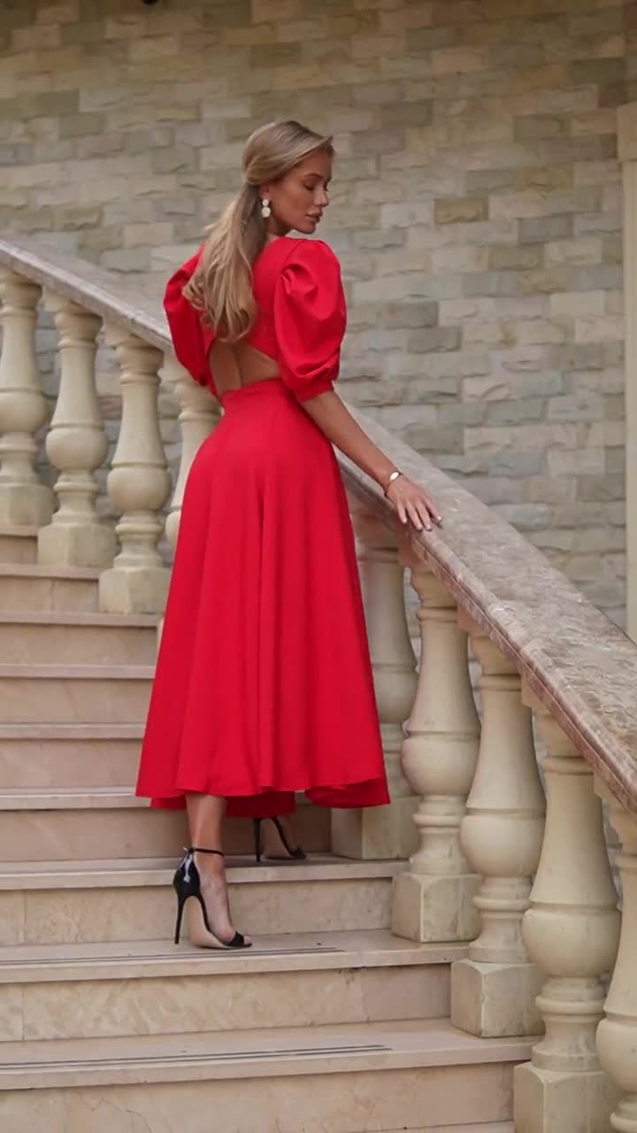red dress for women birthday Midi Dress, Elegant Outfit Women, Puff Sleeve Tea Length for Celebration, Dinner or Special Occasion Designed with voluminous puff
