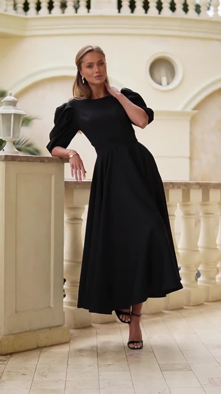 black tea length dress with sleeves Midi Dress, Puff Sleeve Cocktail Dress, Elegant Outfit for Fashion Evenings, City Parties, Stylish Celebrations Black/silver:Size 6 Bust (underarm to underarm) extra small xs Essential navy blue cotton