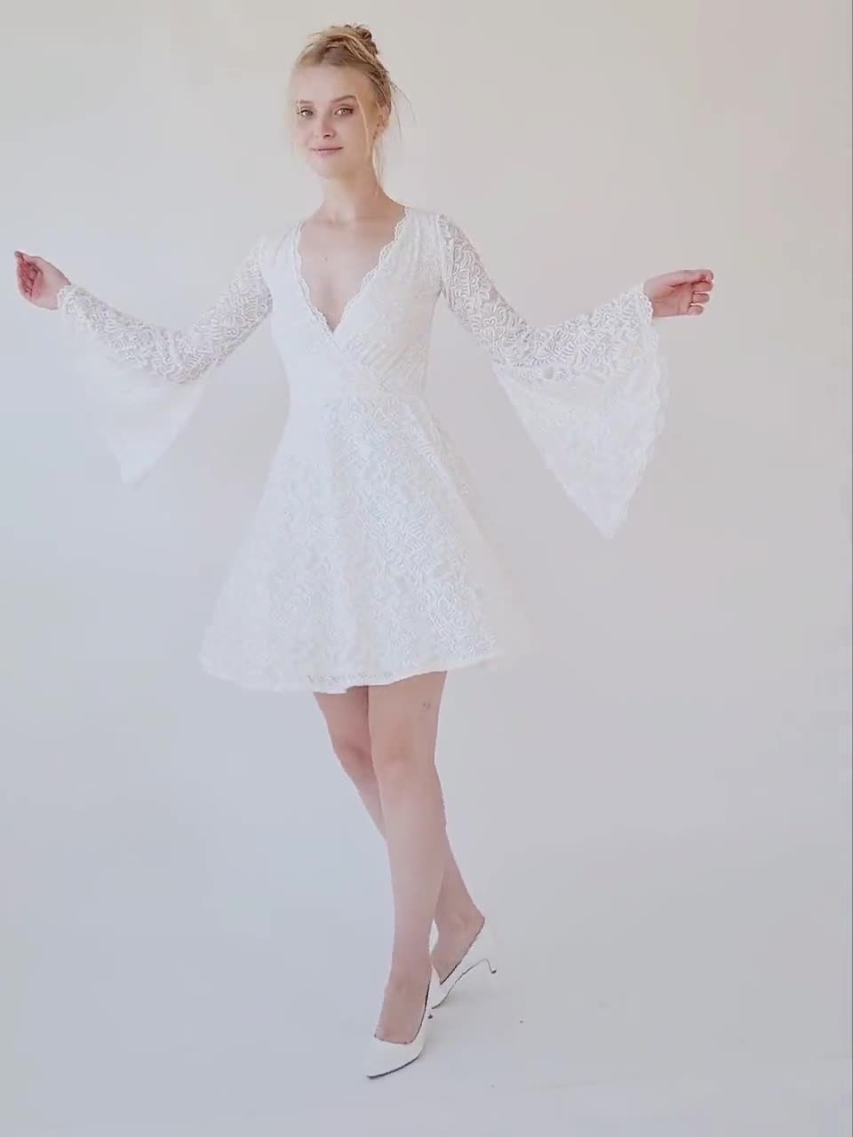 long sleeve lace cup mini dress in ivory Short wedding dress, Off the shoulder length wedding with bell sleeves #1370 COUNT-40