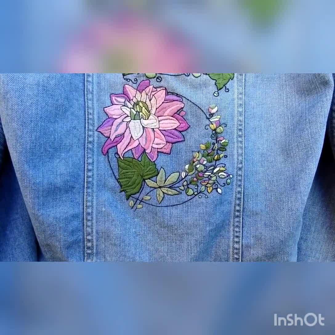 Floral Embroidery Pattern Pdf for Embroidered Denim Jacket. Dahlia
