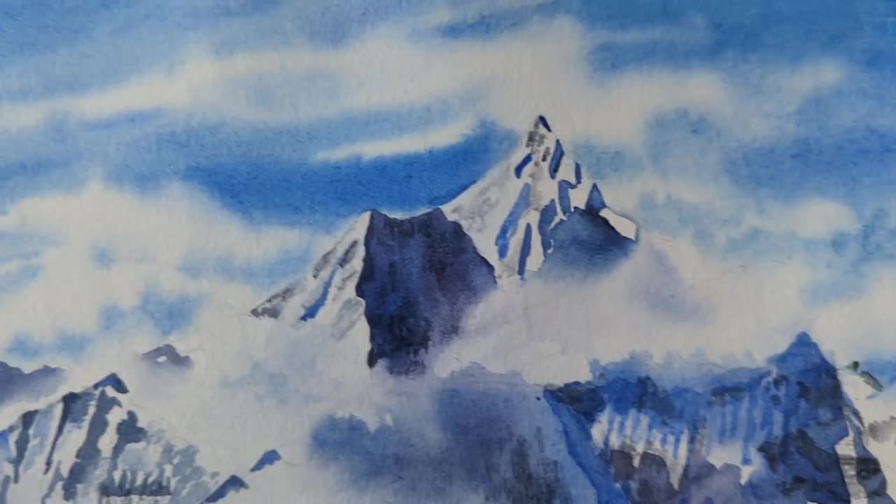 雪山の頂上 オリジナル水彩画 冬の風景 手描きの雪山 手描きの水彩画