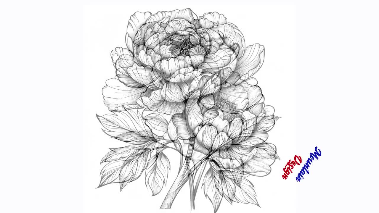 一点物 手描きアート 牡丹 切り絵 モノクロ 牡丹 SVG、牡丹 DXF、牡丹
