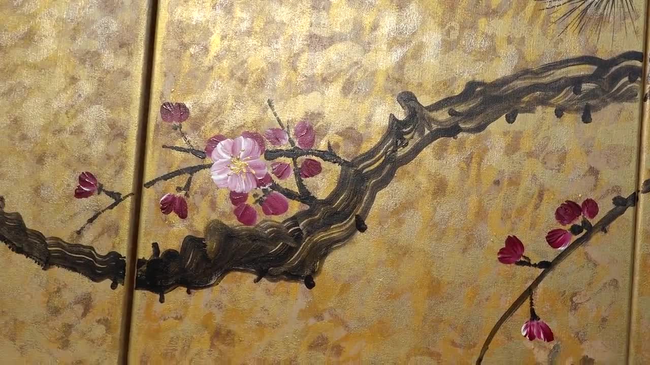 Japan Art Cherry Blossom and Love Birds J242 | Large Gold Wall Art